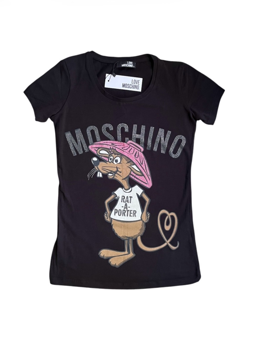 NWT Love Moschino "Rat-à-Porter" French Cut Black Graphic T-Shirt w/Rhinestones,